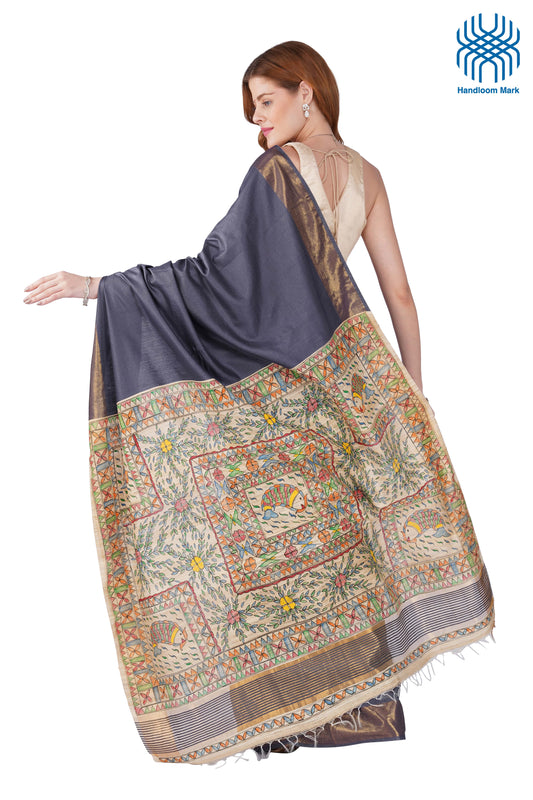 Madhubani Hand-Painted Tasar Gray Silk Cotton Saree with Matching Blouse | Handloom Certified | Premium Nib Art | Festival & Wedding Wear