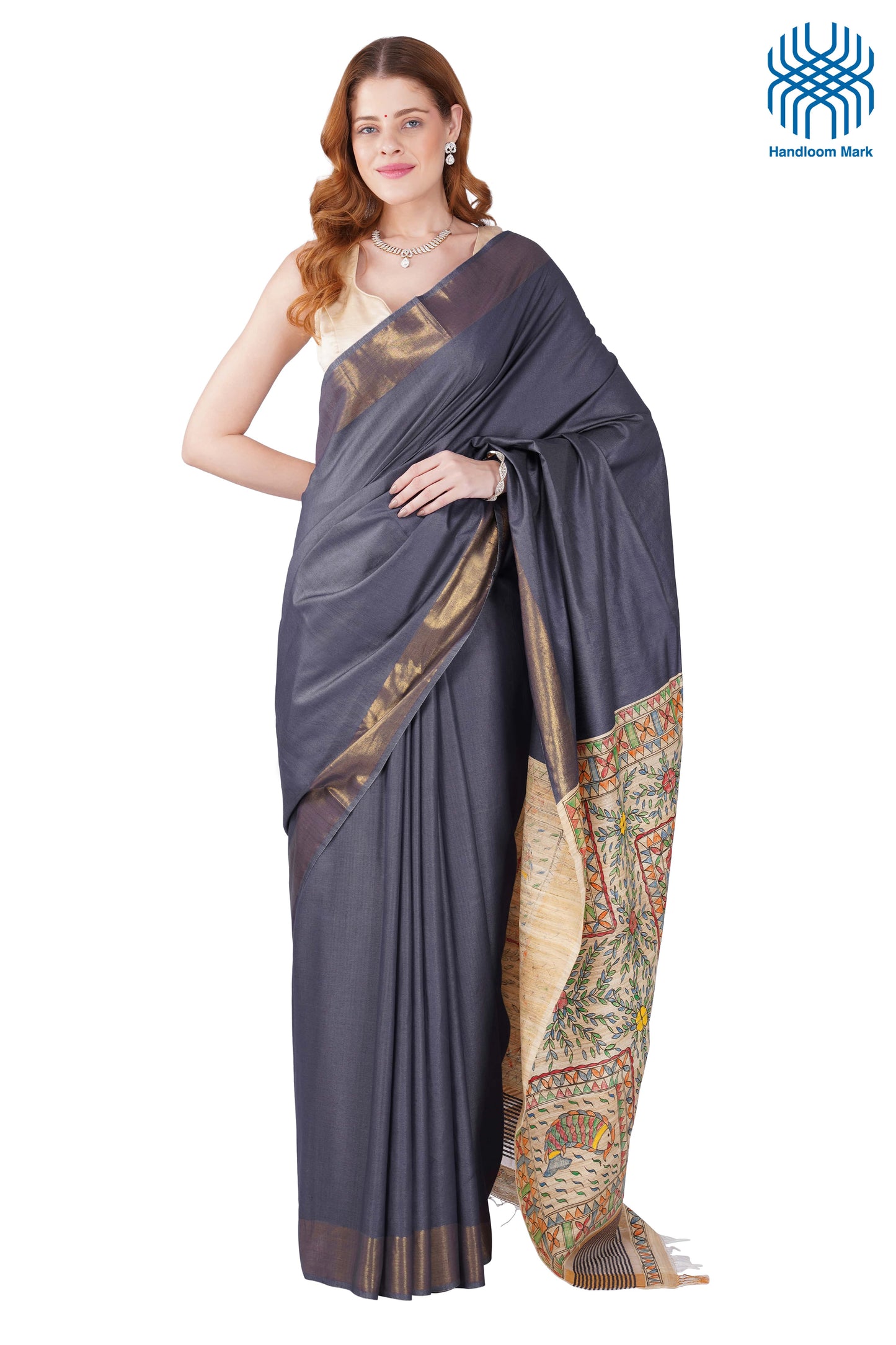 Madhubani Hand Painted Tasar Silk Cotton Saree with Zari Border & Blouse Piece (90cm) | Handloom Certified | Traditional, Festive & Office Wear Saree