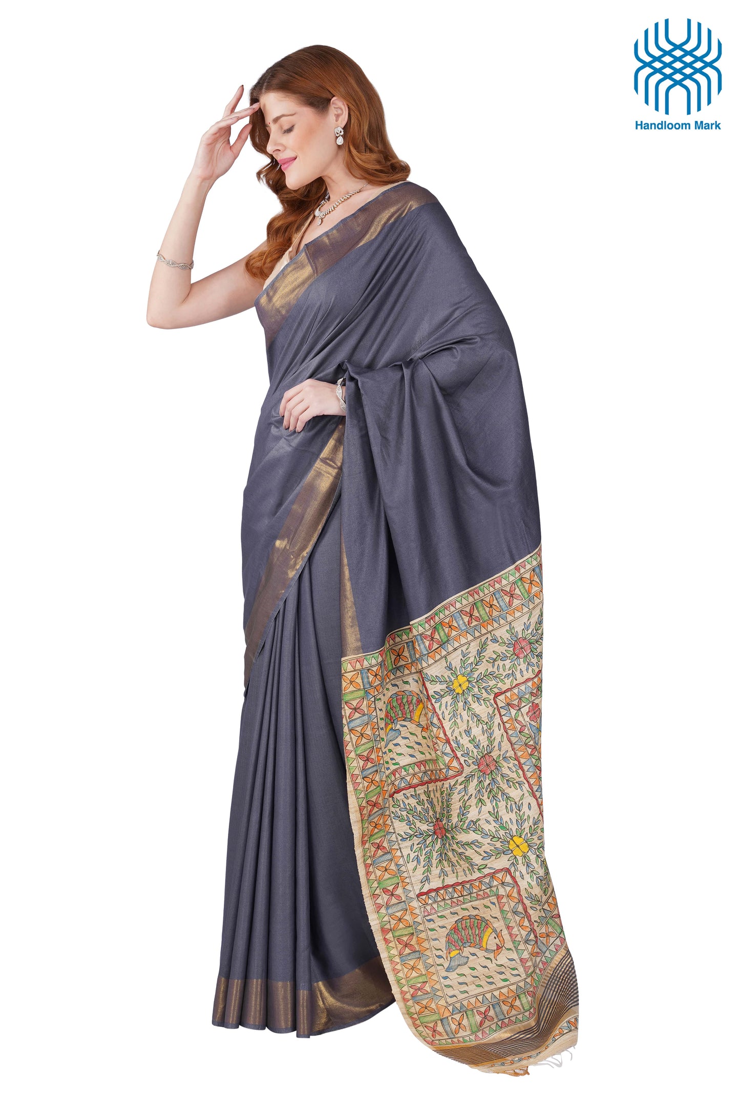 Madhubani Hand Painted Tasar Silk Cotton Saree with Zari Border & Blouse Piece (90cm) | Handloom Certified | Traditional, Festive & Office Wear Saree