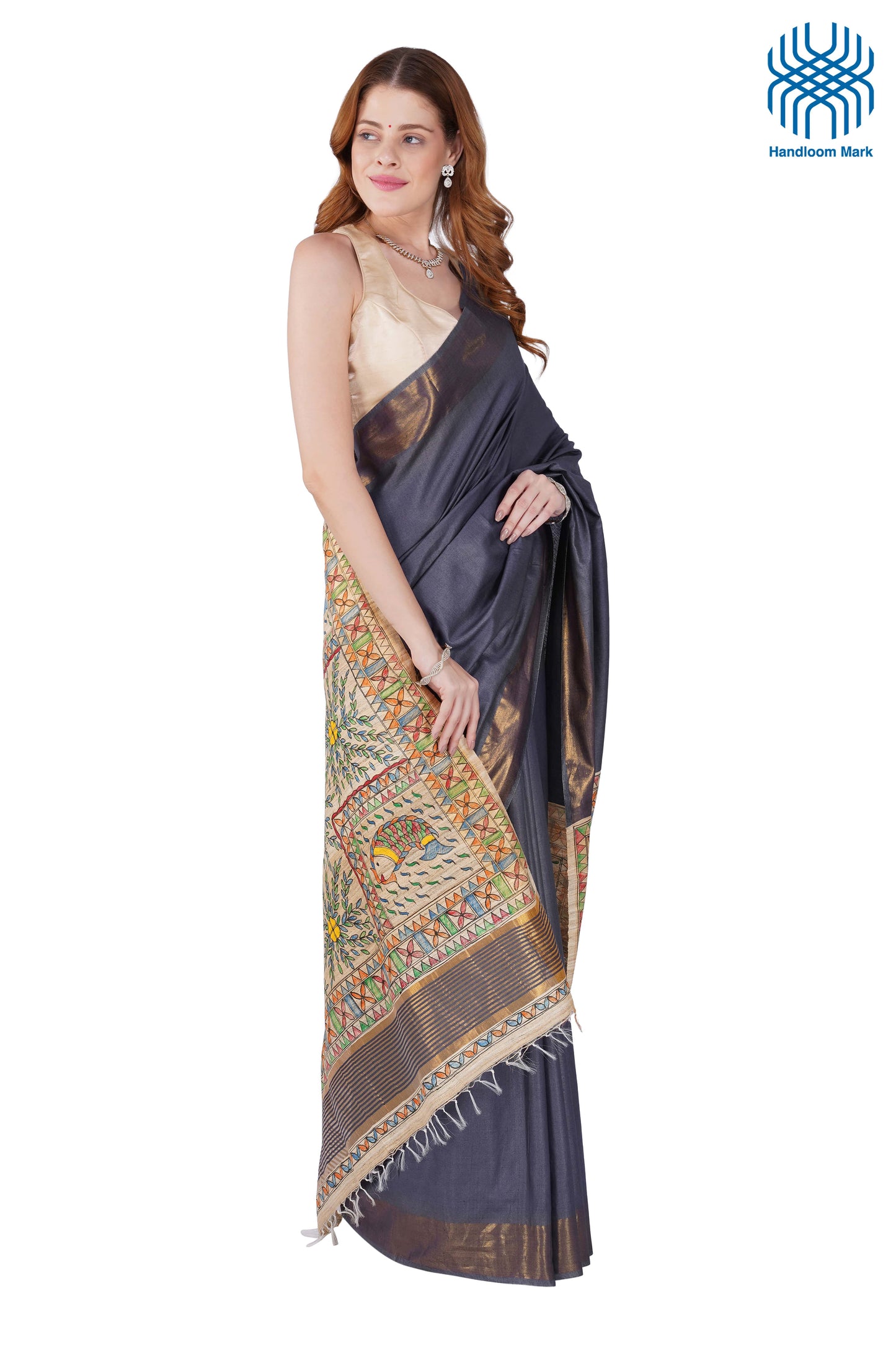 Madhubani Hand Painted Tasar Silk Cotton Saree with Zari Border & Blouse Piece (90cm) | Handloom Certified | Traditional, Festive & Office Wear Saree