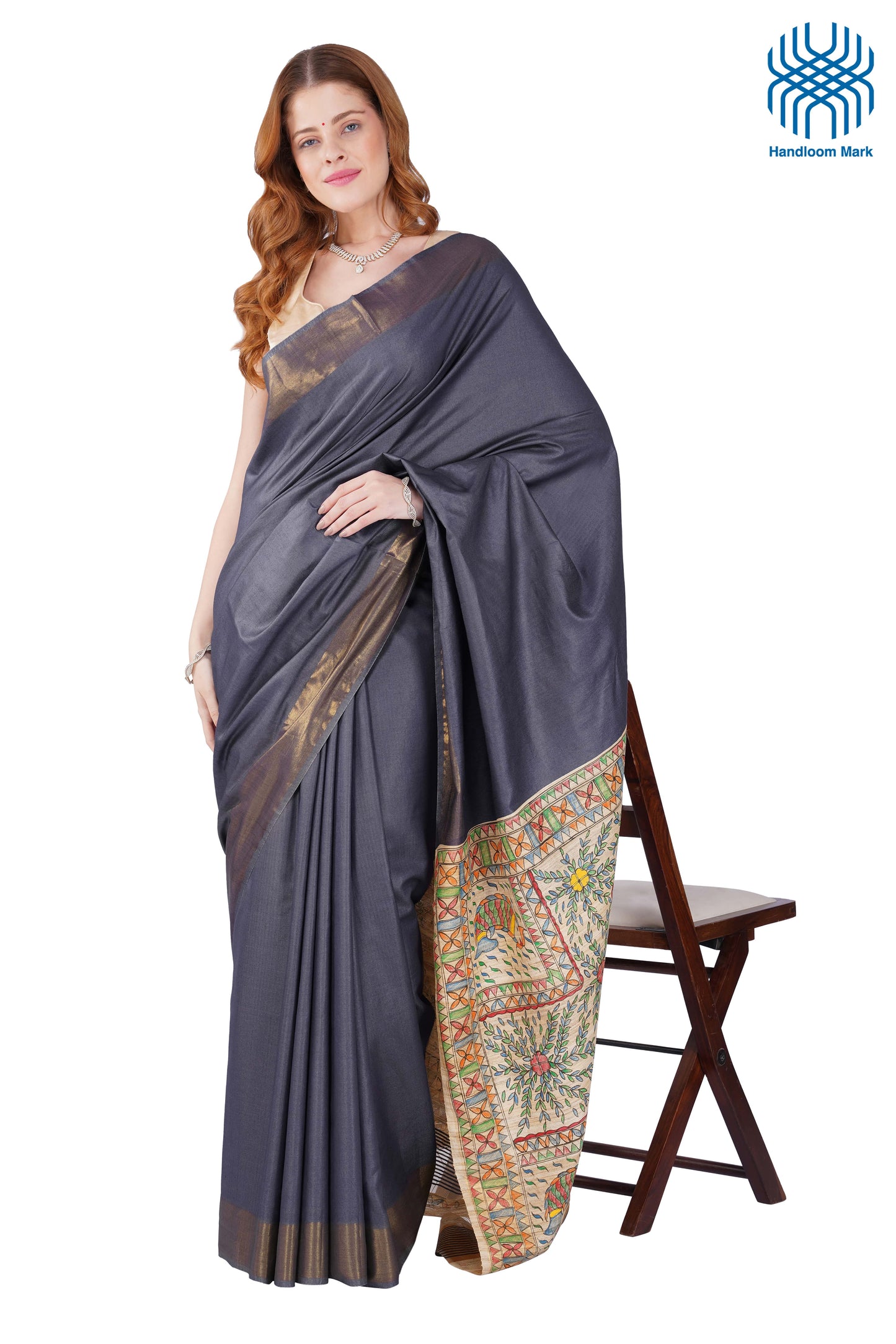 Madhubani Hand Painted Tasar Silk Cotton Saree with Zari Border & Blouse Piece (90cm) | Handloom Certified | Traditional, Festive & Office Wear Saree