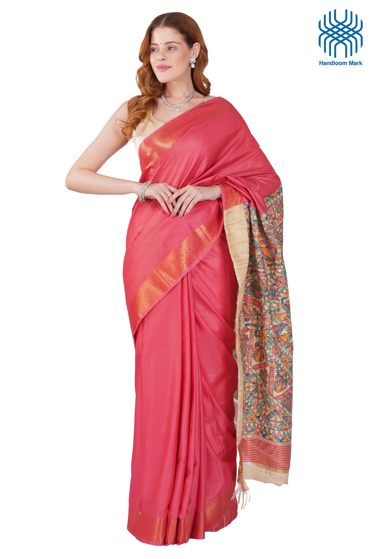 Madhubani Hand Painted Tasar Silk Cotton Saree with Zari Border & Blouse Piece (90cm) | Handloom Certified | Traditional, Festive & Office Wear Saree