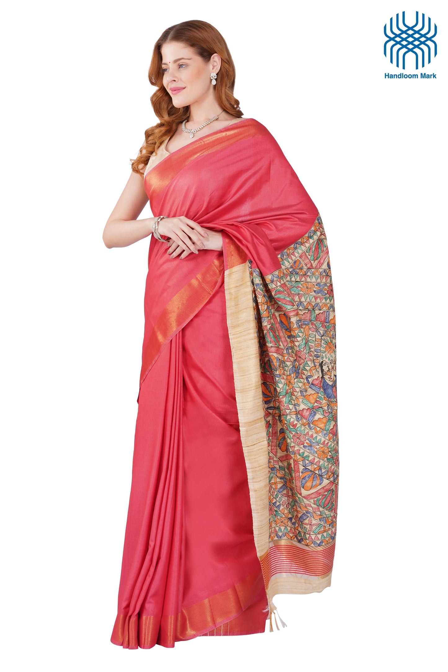 Madhubani Hand Painted Tasar Silk Cotton Saree with Zari Border & Blouse Piece (90cm) | Handloom Certified | Traditional, Festive & Office Wear Saree