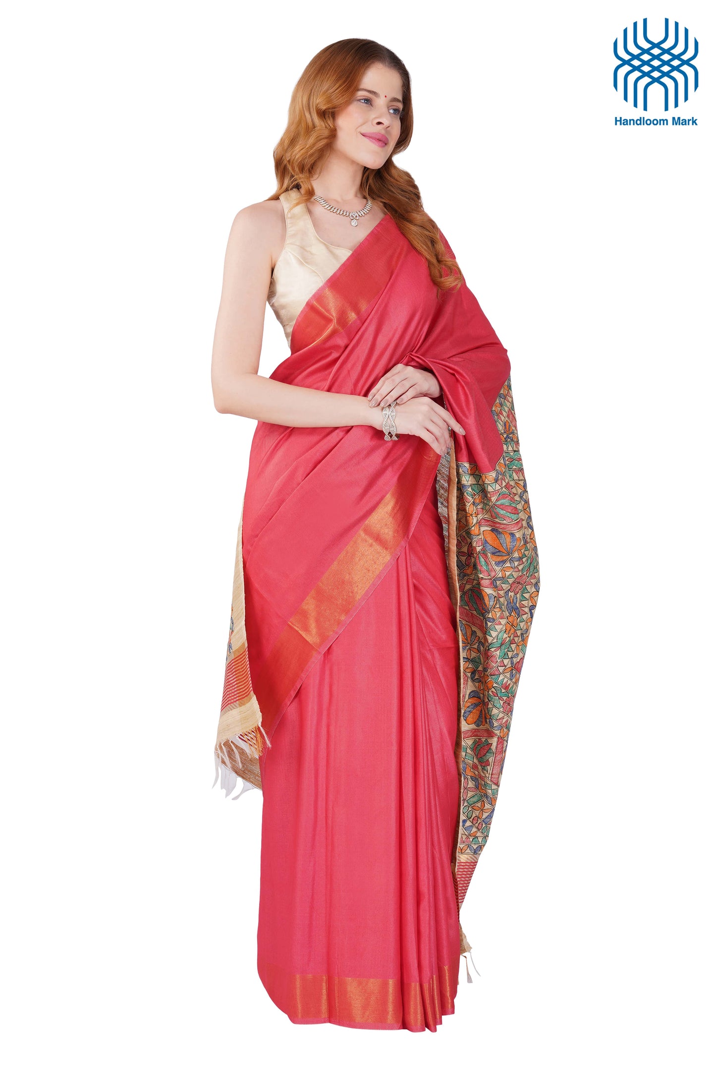Madhubani Hand Painted Tasar Silk Cotton Saree with Zari Border & Blouse Piece (90cm) | Handloom Certified | Traditional, Festive & Office Wear Saree