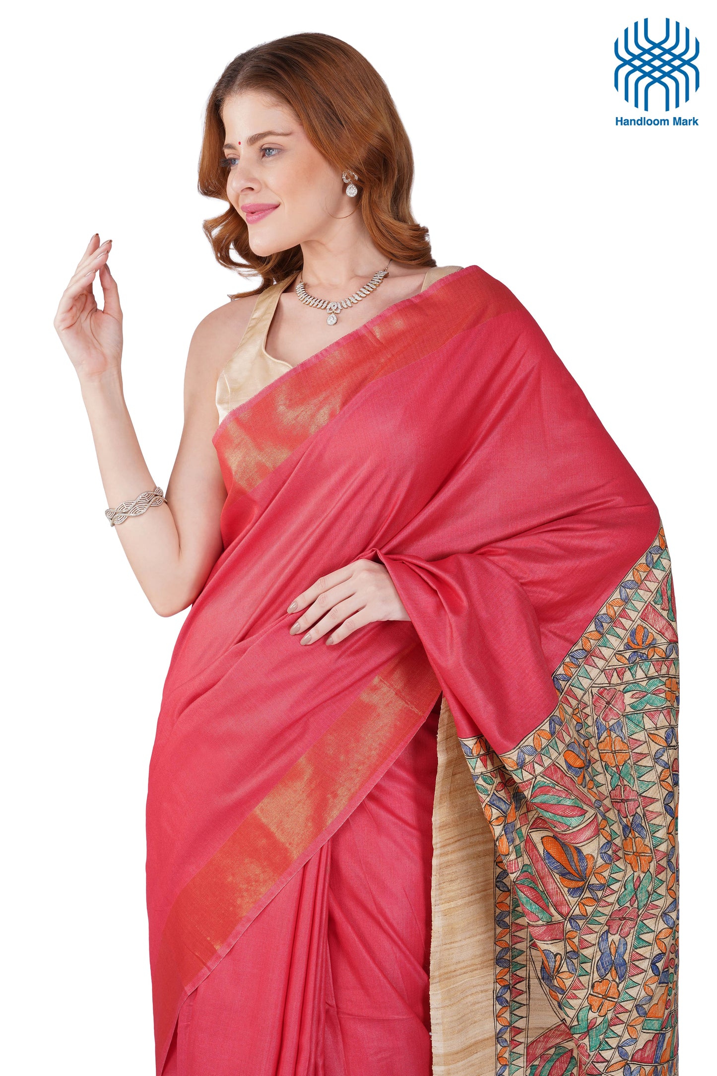 Madhubani Hand Painted Tasar Silk Cotton Saree with Zari Border & Blouse Piece (90cm) | Handloom Certified | Traditional, Festive & Office Wear Saree