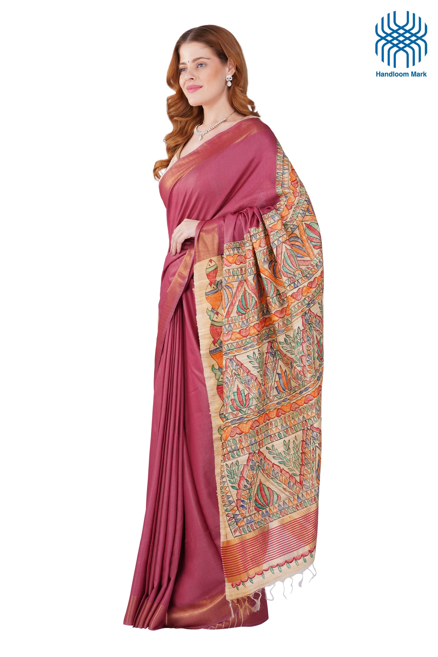 Madhubani Hand Painted Tasar Silk Cotton Saree with Zari Border & Blouse Piece (90cm) | Handloom Certified | Traditional, Festive & Office Wear Saree