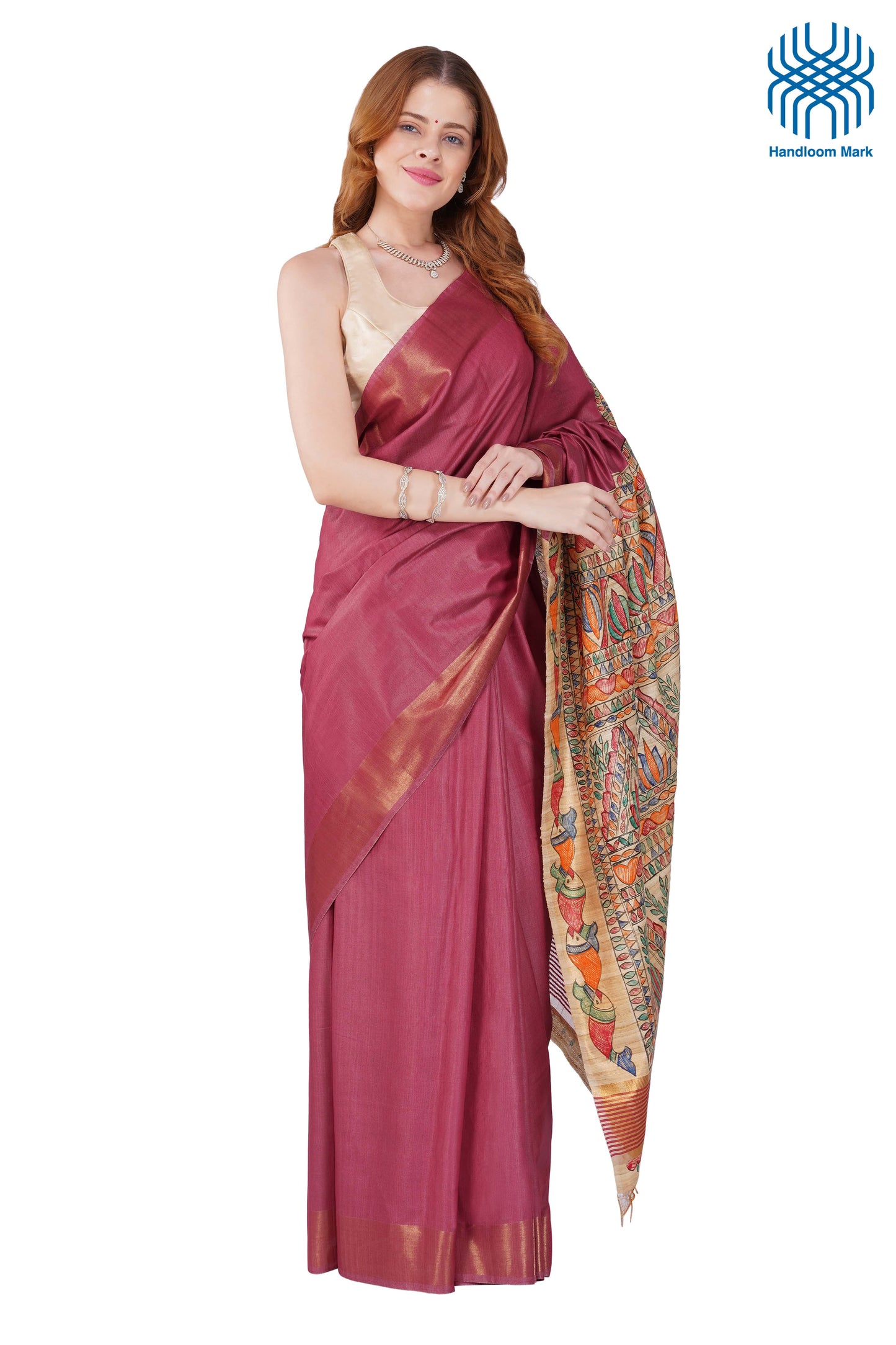 Madhubani Hand Painted Tasar Silk Cotton Saree with Zari Border & Blouse Piece (90cm) | Handloom Certified | Traditional, Festive & Office Wear Saree