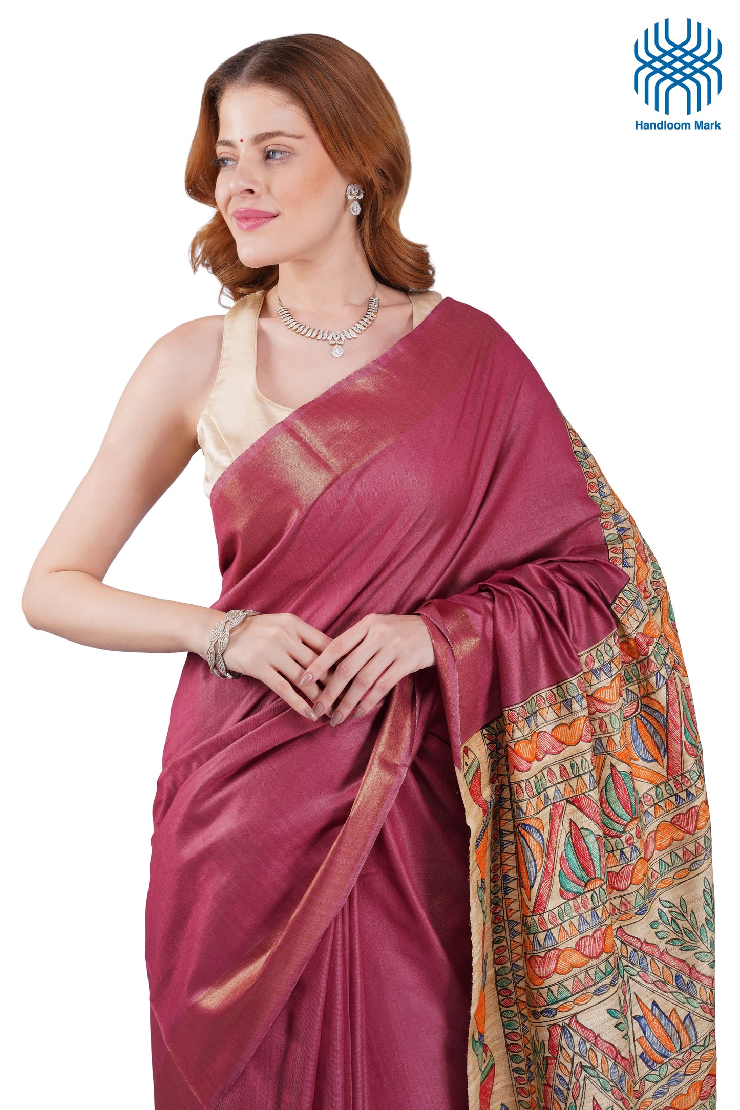 Madhubani Hand Painted Tasar Silk Cotton Saree with Zari Border & Blouse Piece (90cm) | Handloom Certified | Traditional, Festive & Office Wear Saree