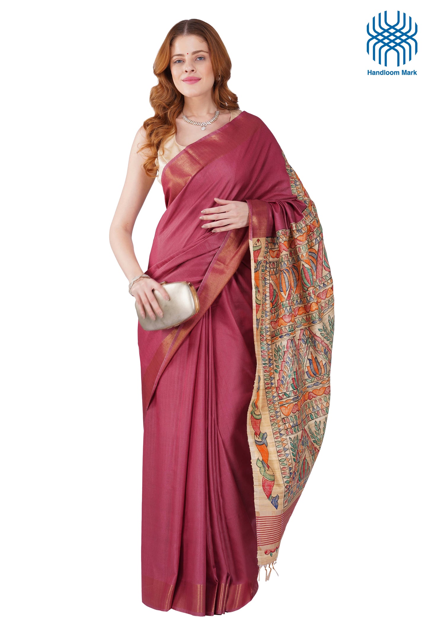 Madhubani Hand Painted Tasar Silk Cotton Saree with Zari Border & Blouse Piece (90cm) | Handloom Certified | Traditional, Festive & Office Wear Saree
