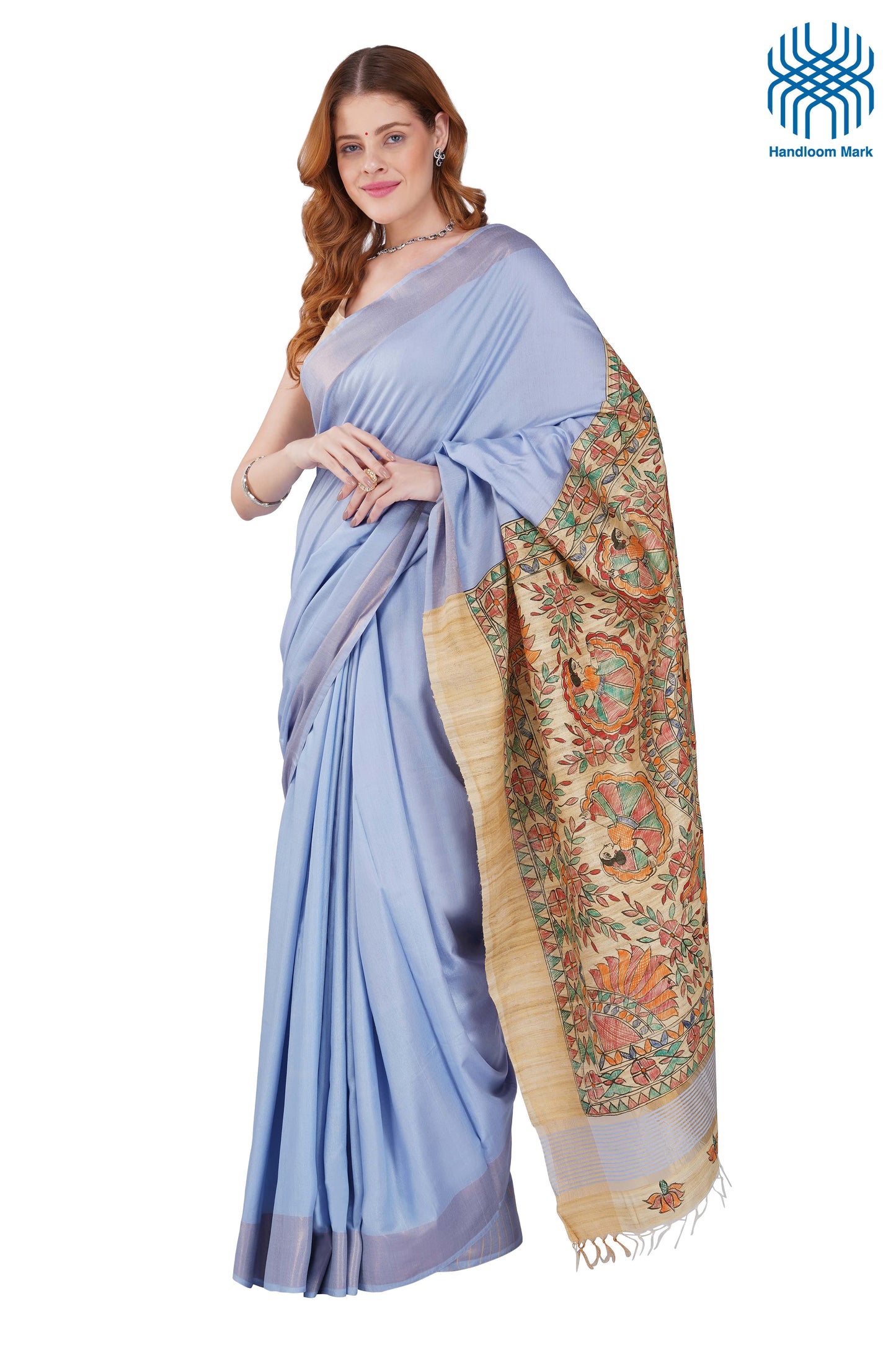 Madhubani Hand Painted Tasar Silk Cotton Saree with Zari Border & Blouse Piece (90cm) | Handloom Certified | Traditional, Festive & Office Wear Saree