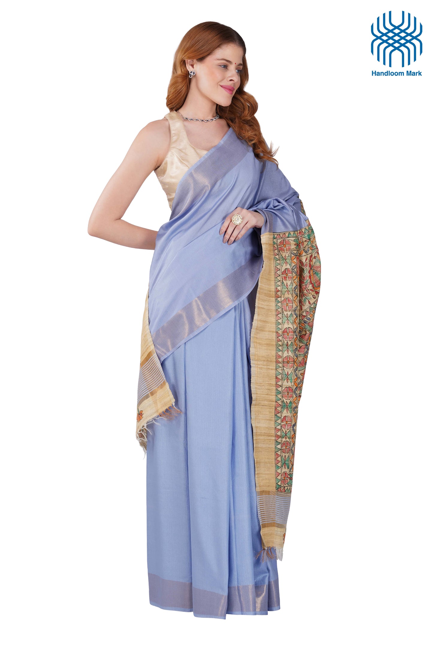 Madhubani Hand Painted Tasar Silk Cotton Saree with Zari Border & Blouse Piece (90cm) | Handloom Certified | Traditional, Festive & Office Wear Saree