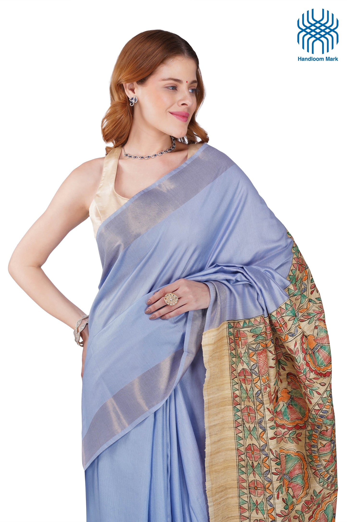 Madhubani Hand Painted Tasar Silk Cotton Saree with Zari Border & Blouse Piece (90cm) | Handloom Certified | Traditional, Festive & Office Wear Saree