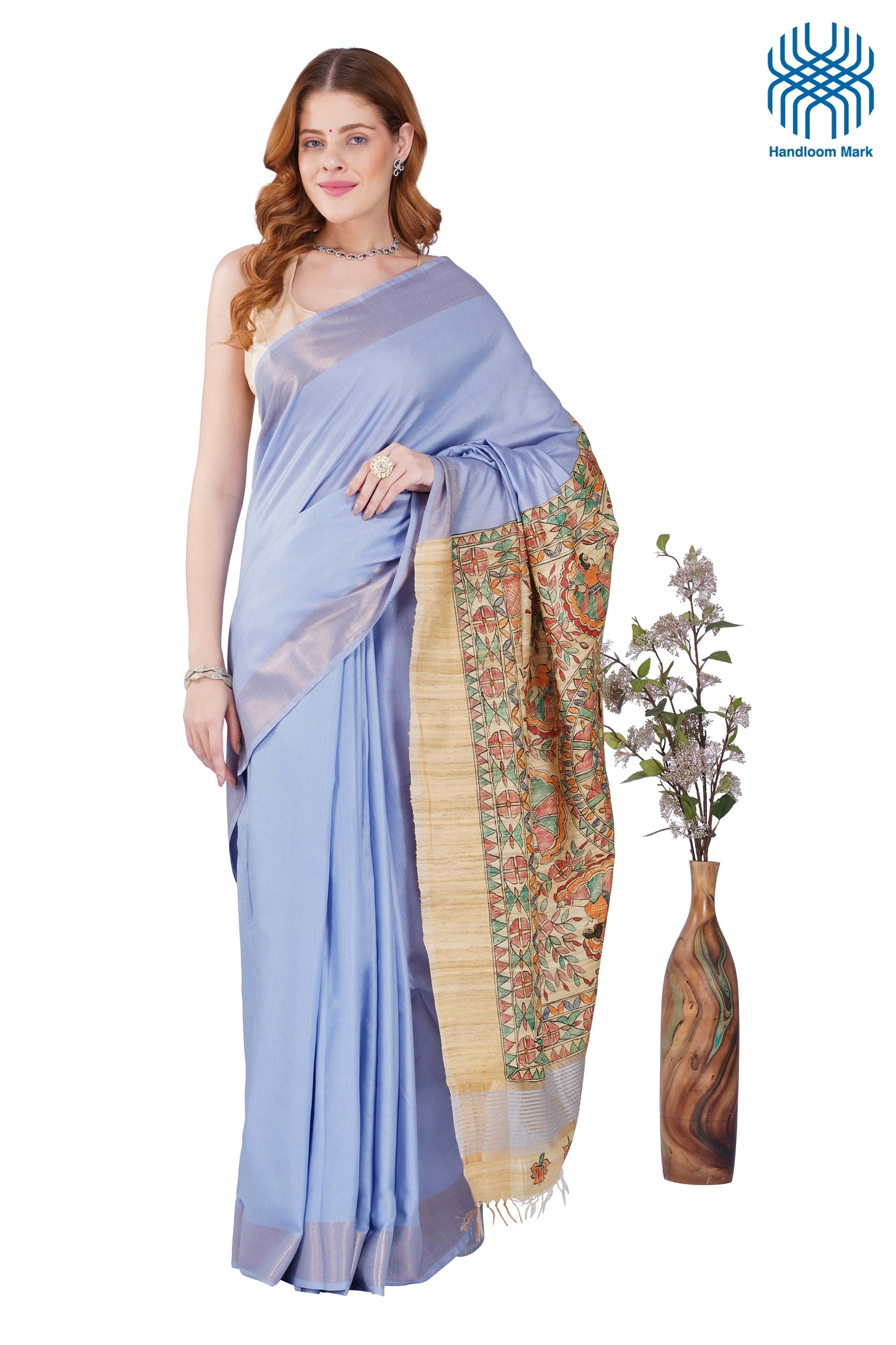 Madhubani Hand Painted Tasar Silk Cotton Saree with Zari Border & Blouse Piece (90cm) | Handloom Certified | Traditional, Festive & Office Wear Saree