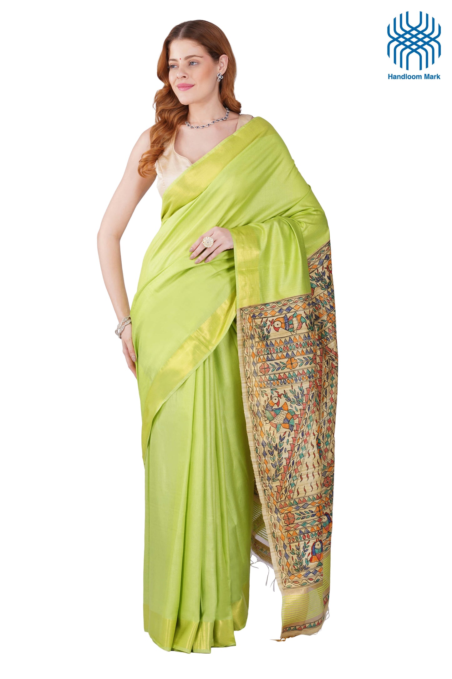 Madhubani Hand Painted Tasar Silk Cotton Saree with Zari Border & Blouse Piece (90cm) | Handloom Certified | Traditional, Festive & Office Wear Saree