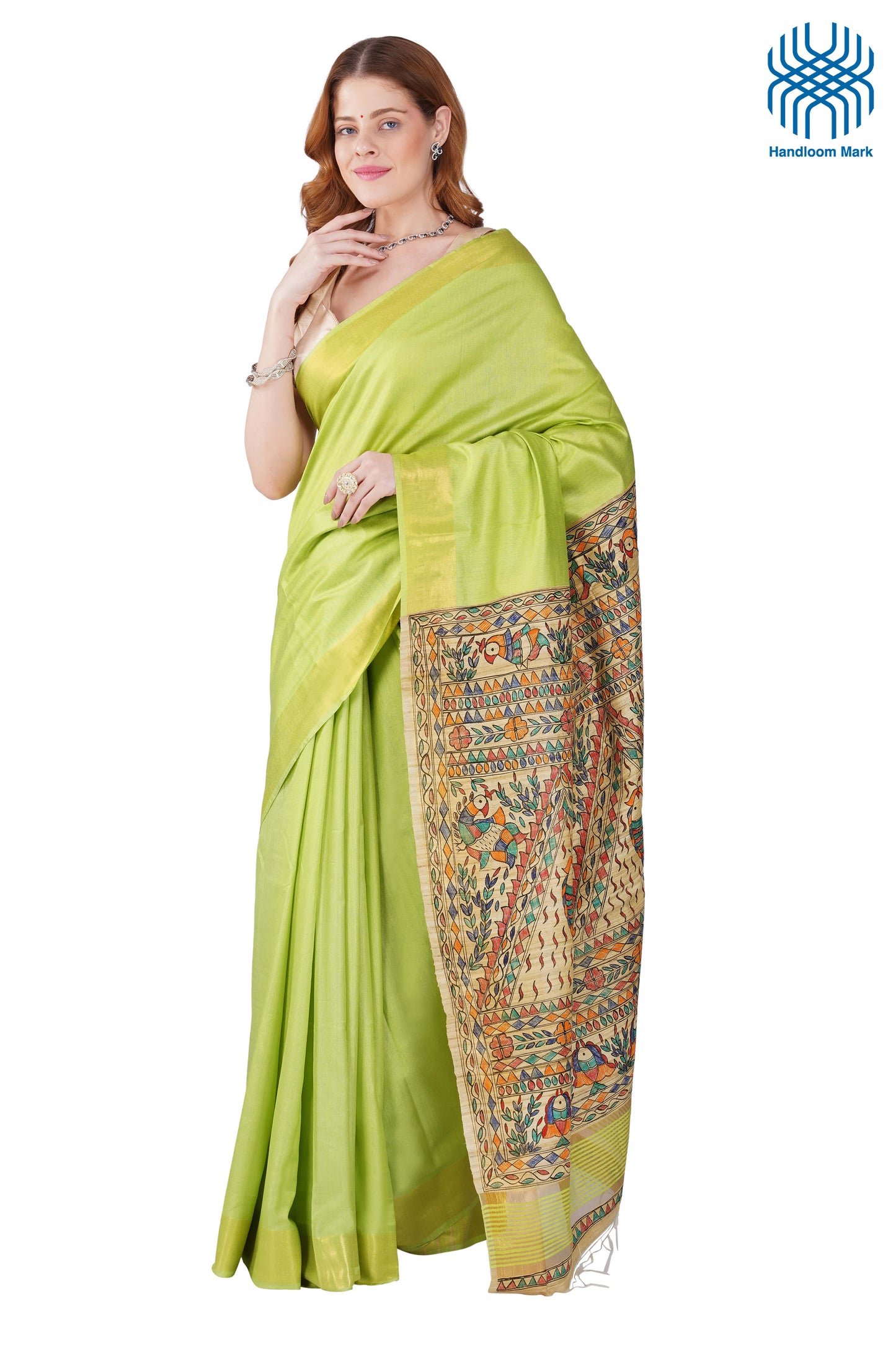 Madhubani Hand Painted Tasar Silk Cotton Saree with Zari Border & Blouse Piece (90cm) | Handloom Certified | Traditional, Festive & Office Wear Saree