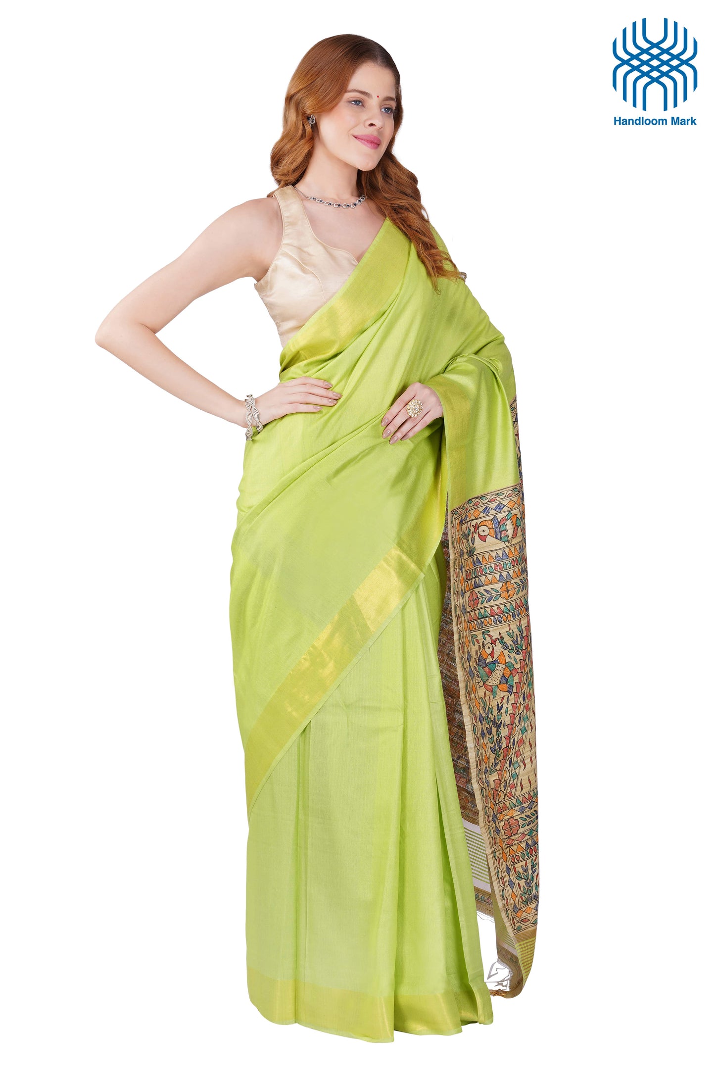Madhubani Hand Painted Tasar Silk Cotton Saree with Zari Border & Blouse Piece (90cm) | Handloom Certified | Traditional, Festive & Office Wear Saree