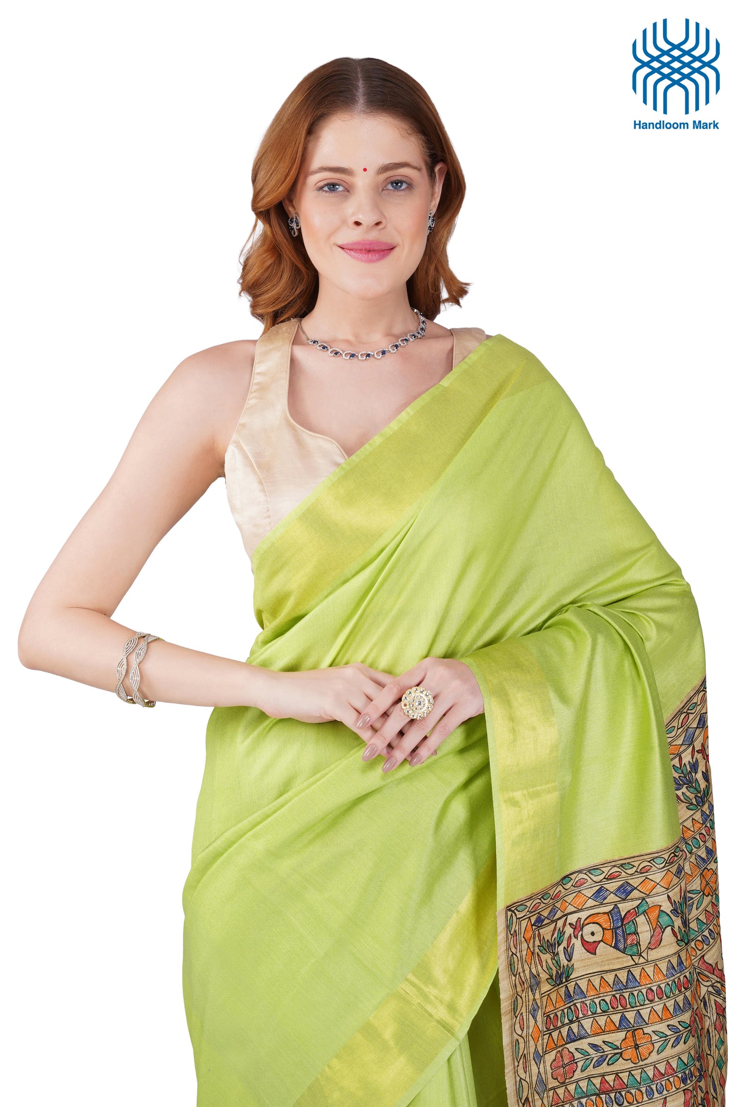 Madhubani Hand Painted Tasar Silk Cotton Saree with Zari Border & Blouse Piece (90cm) | Handloom Certified | Traditional, Festive & Office Wear Saree