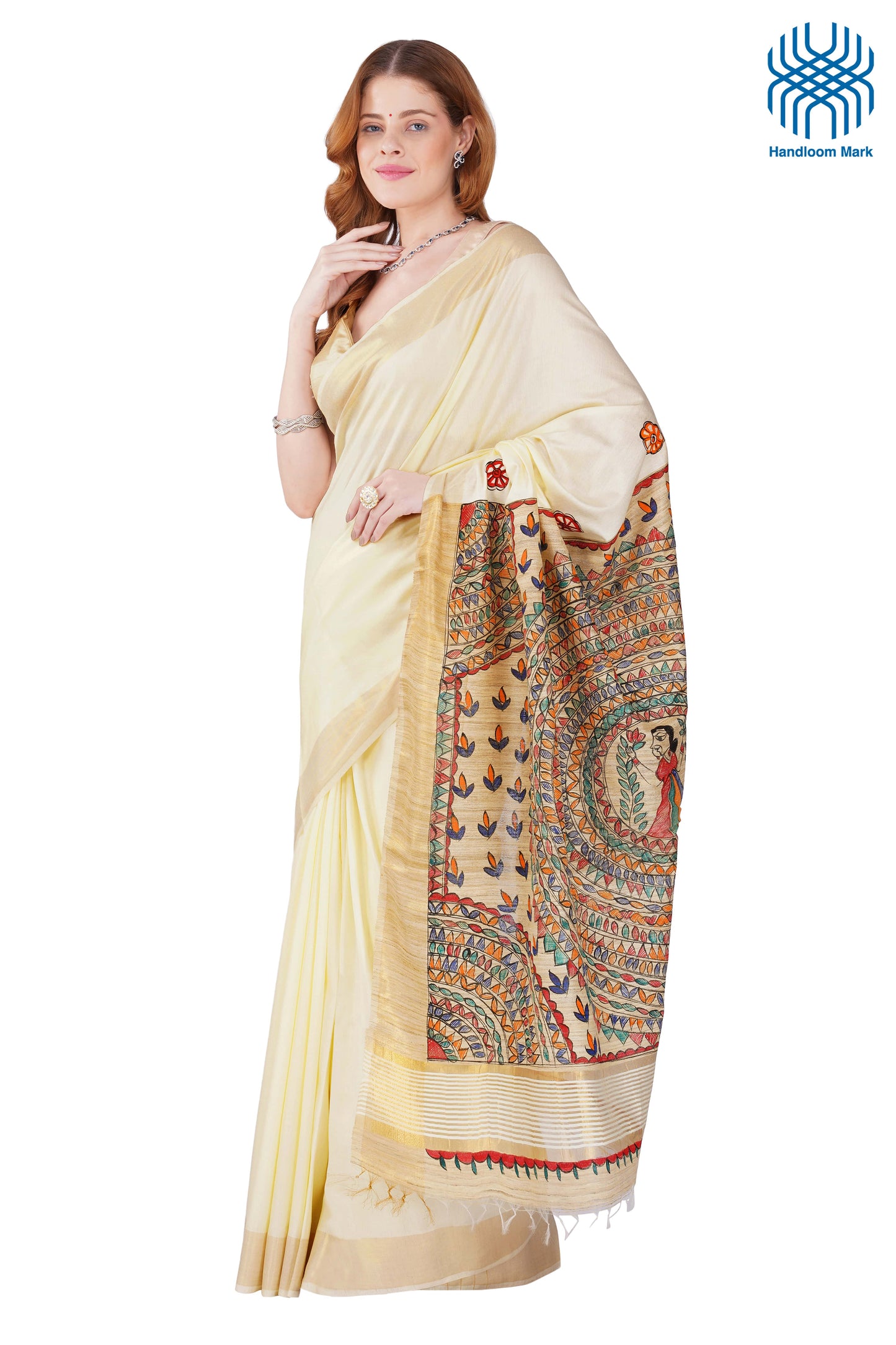 Madhubani Hand Painted Tasar Silk Cotton Saree with Zari Border & Blouse Piece (90cm) | Handloom Certified | Traditional, Festive & Office Wear Saree