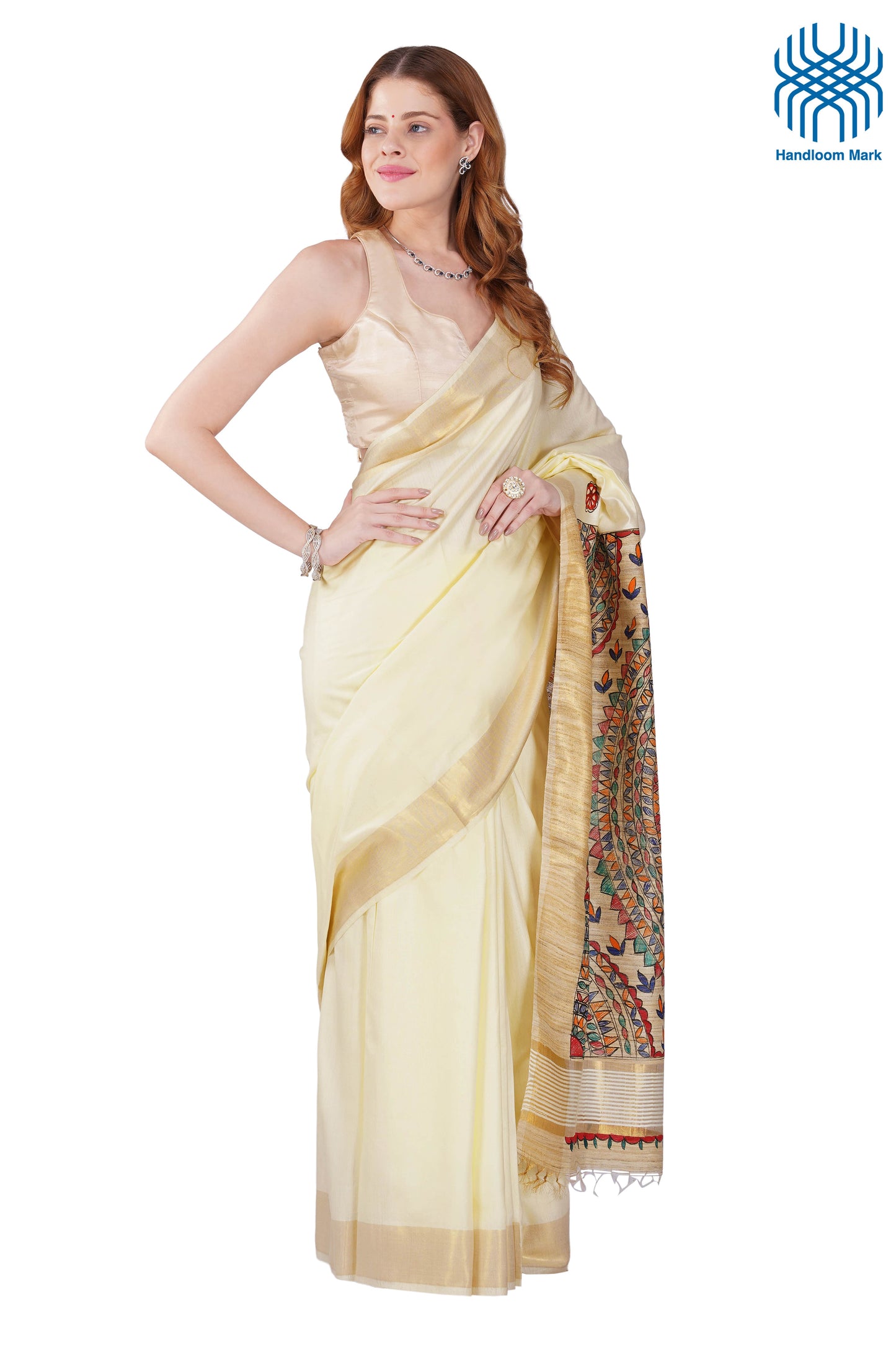 Madhubani Hand Painted Tasar Silk Cotton Saree with Zari Border & Blouse Piece (90cm) | Handloom Certified | Traditional, Festive & Office Wear Saree