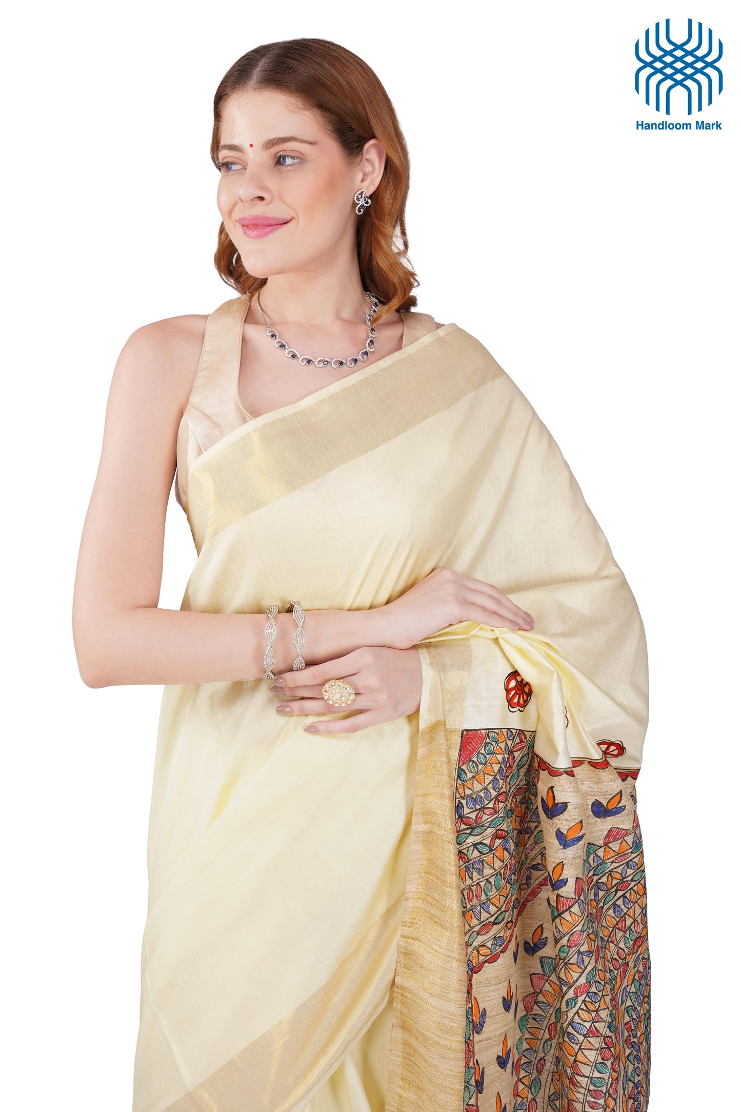 Madhubani Hand Painted Tasar Silk Cotton Saree with Zari Border & Blouse Piece (90cm) | Handloom Certified | Traditional, Festive & Office Wear Saree