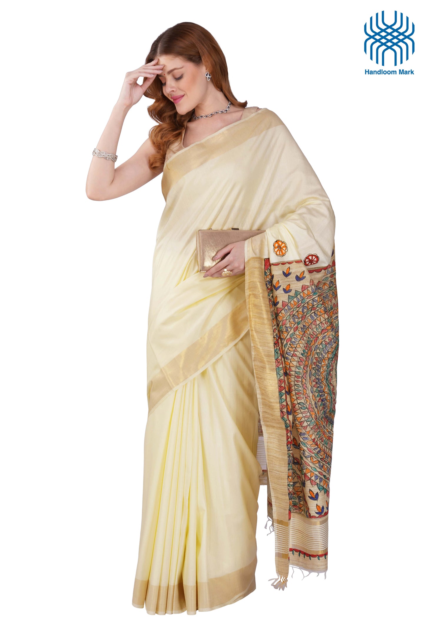 Madhubani Hand Painted Tasar Silk Cotton Saree with Zari Border & Blouse Piece (90cm) | Handloom Certified | Traditional, Festive & Office Wear Saree
