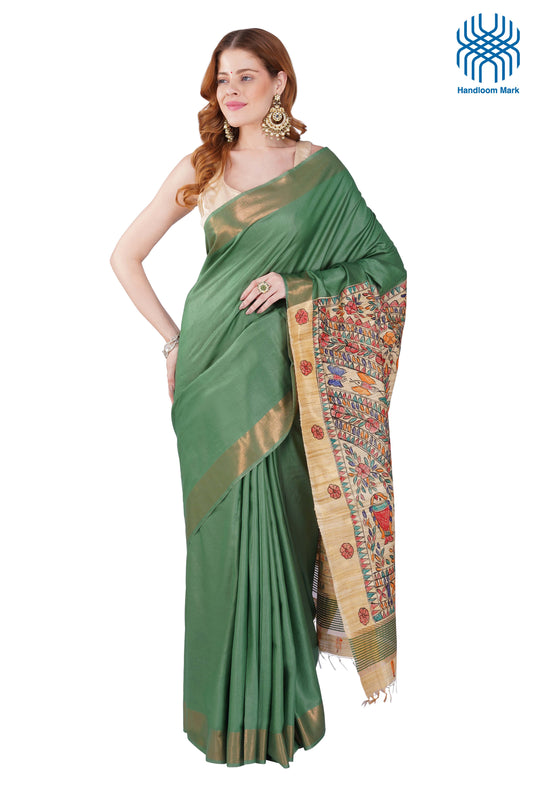 Madhubani Hand-Painted Tasar Green Silk Cotton Saree with Matching Blouse | Handloom Certified | Premium Nib Art | Festival & Wedding Wear