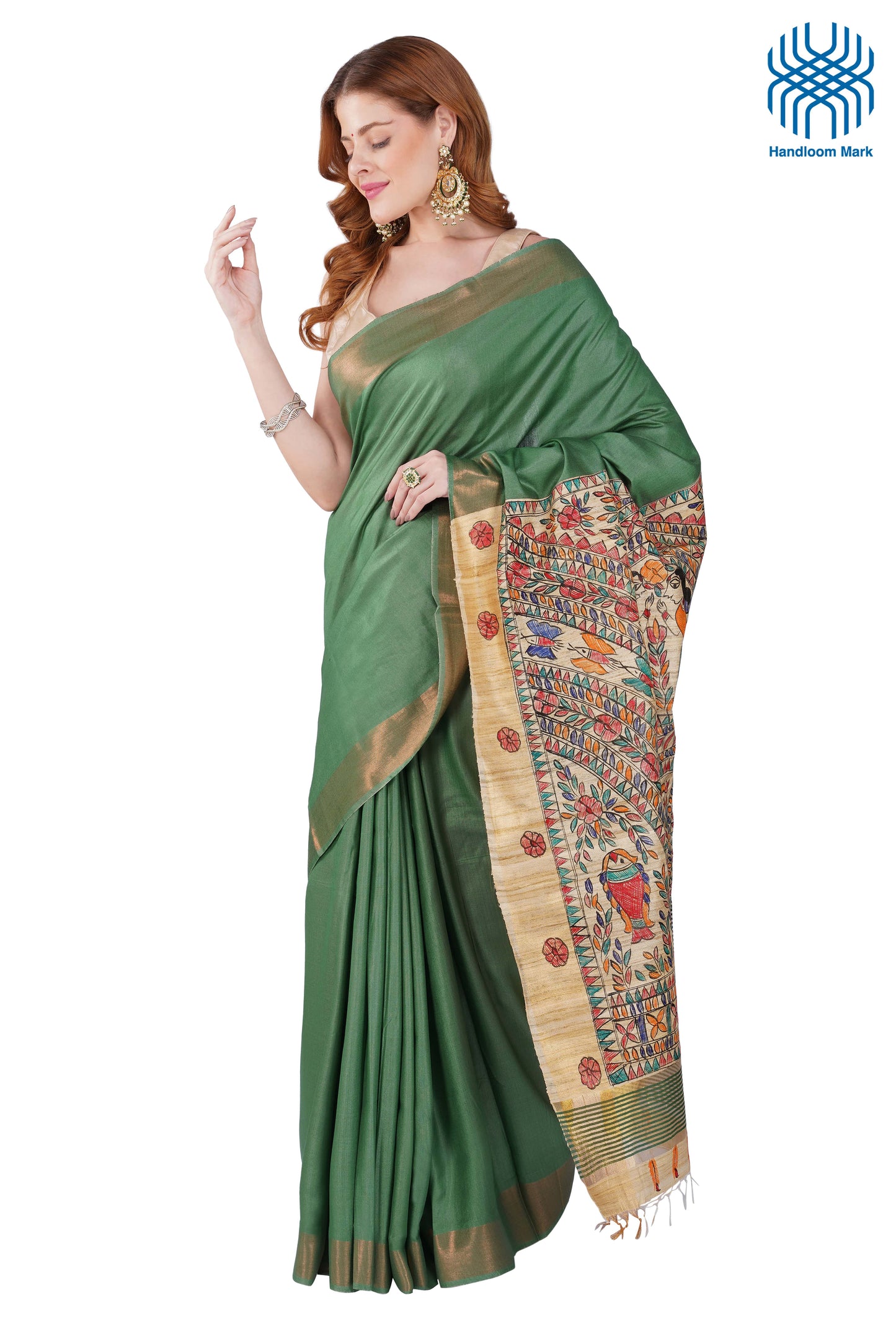 Madhubani Hand Painted Tasar Silk Cotton Saree with Zari Border & Blouse Piece (90cm) | Handloom Certified | Traditional, Festive & Office Wear Saree