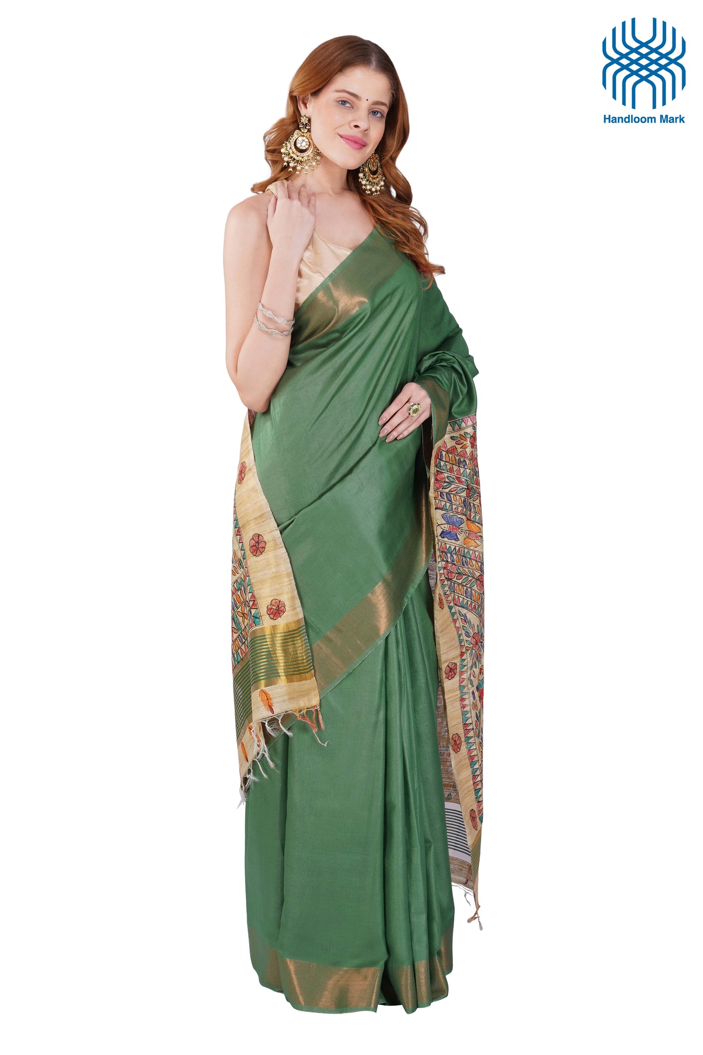 Madhubani Hand Painted Tasar Silk Cotton Saree with Zari Border & Blouse Piece (90cm) | Handloom Certified | Traditional, Festive & Office Wear Saree