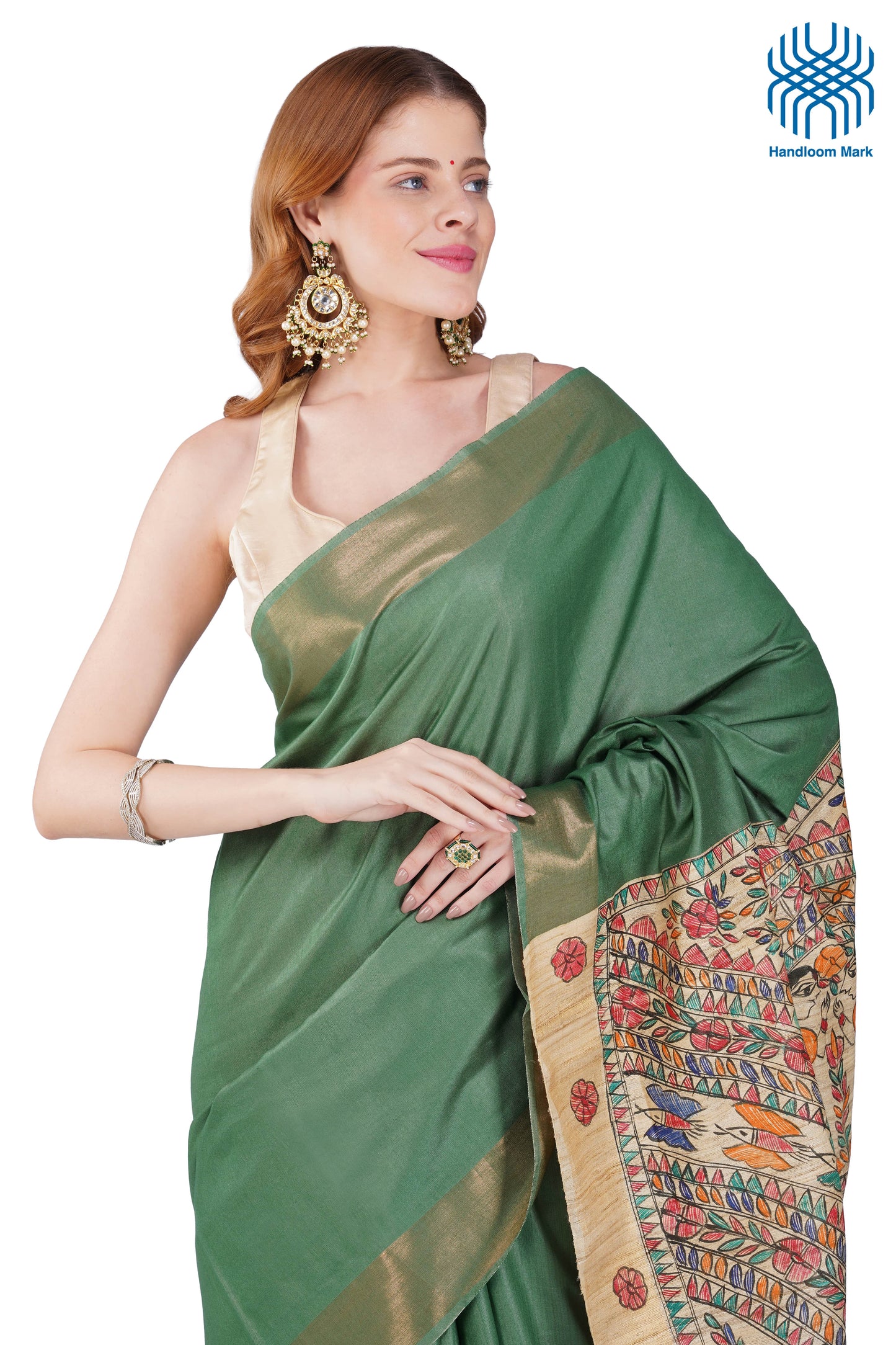 Madhubani Hand Painted Tasar Silk Cotton Saree with Zari Border & Blouse Piece (90cm) | Handloom Certified | Traditional, Festive & Office Wear Saree