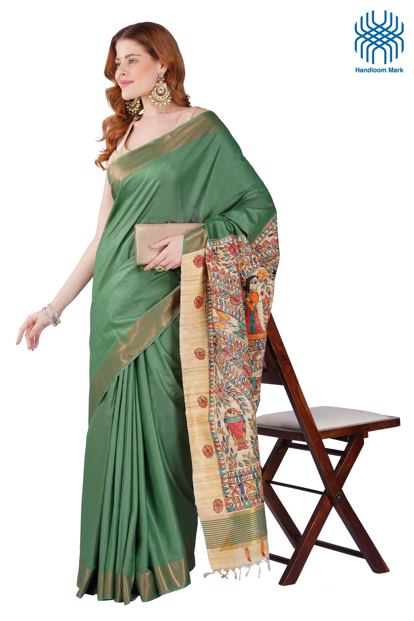 Madhubani Hand Painted Tasar Silk Cotton Saree with Zari Border & Blouse Piece (90cm) | Handloom Certified | Traditional, Festive & Office Wear Saree