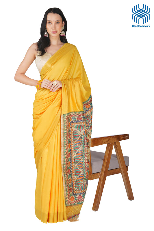 Madhubani Hand-Painted Tasar Yellow Silk Cotton Saree with Matching Blouse | Handloom Certified | Premium Nib Art | Festival & Wedding Wear
