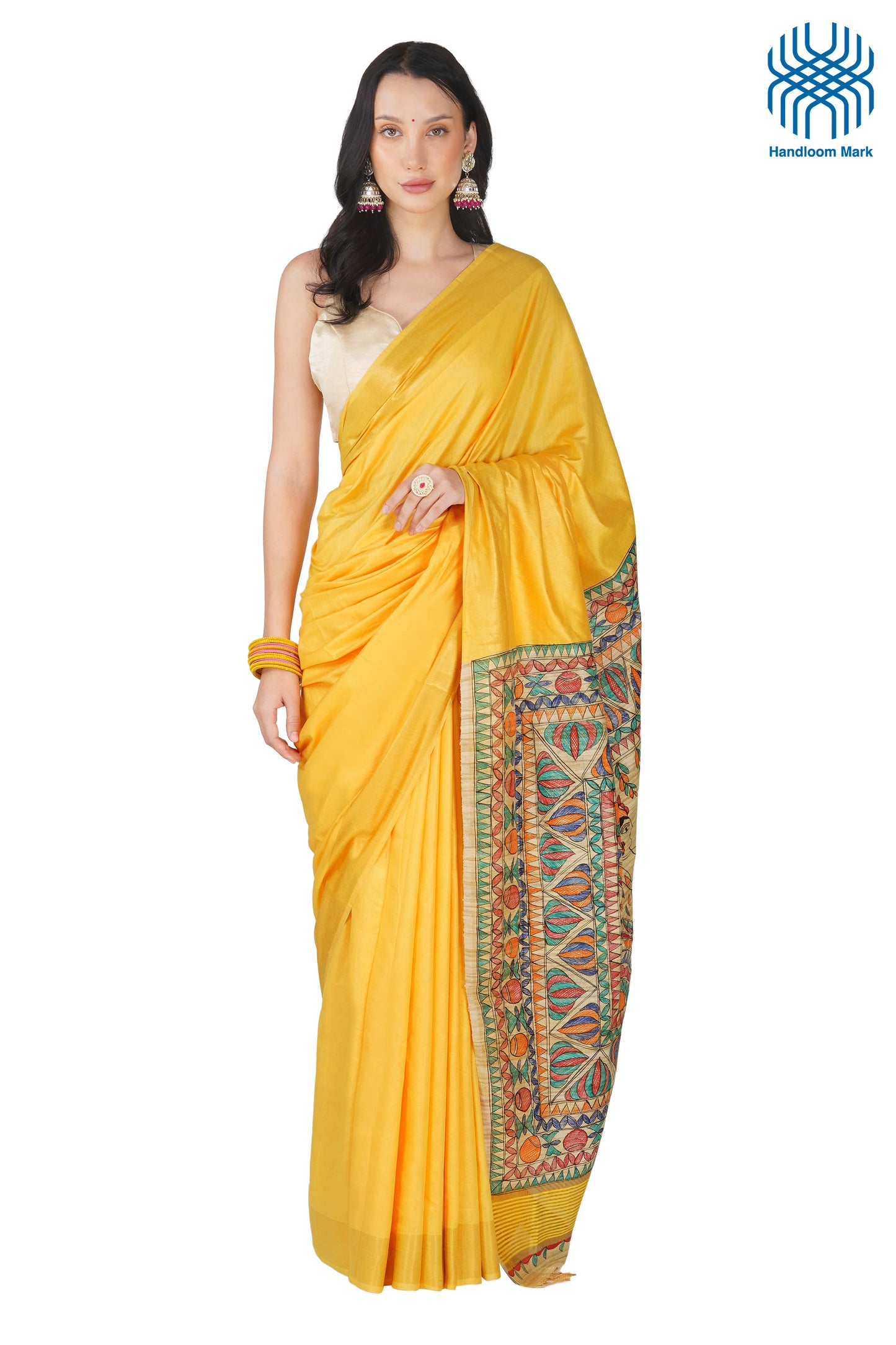 Madhubani Hand Painted Tasar Silk Cotton Saree with Zari Border & Blouse Piece (90cm) | Handloom Certified | Traditional, Festive & Office Wear Saree