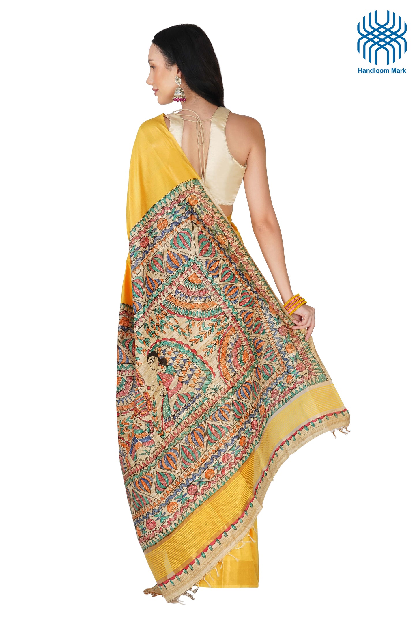 Madhubani Hand Painted Tasar Silk Cotton Saree with Zari Border & Blouse Piece (90cm) | Handloom Certified | Traditional, Festive & Office Wear Saree