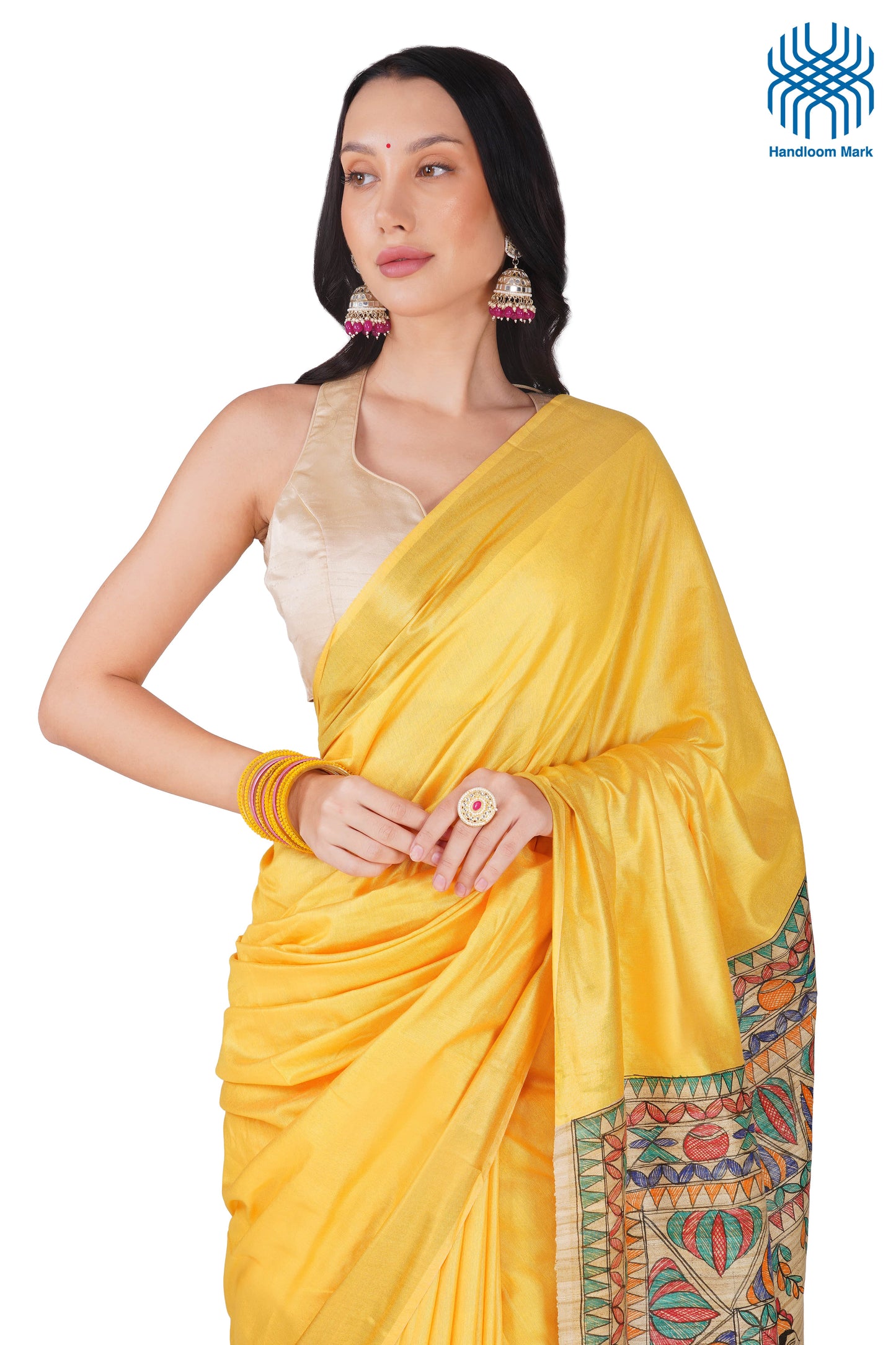 Madhubani Hand Painted Tasar Silk Cotton Saree with Zari Border & Blouse Piece (90cm) | Handloom Certified | Traditional, Festive & Office Wear Saree