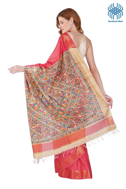 Madhubani Hand Painted Tasar Silk Cotton Saree with Zari Border & Blouse Piece (90cm) | Handloom Certified | Traditional, Festive & Office Wear Saree