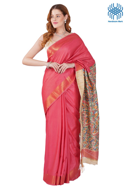 Madhubani Hand Painted Tasar Silk Cotton Saree with Zari Border & Blouse Piece (90cm) | Handloom Certified | Traditional, Festive & Office Wear Saree