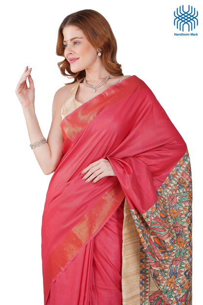 Madhubani Hand Painted Tasar Silk Cotton Saree with Zari Border & Blouse Piece (90cm) | Handloom Certified | Traditional, Festive & Office Wear Saree