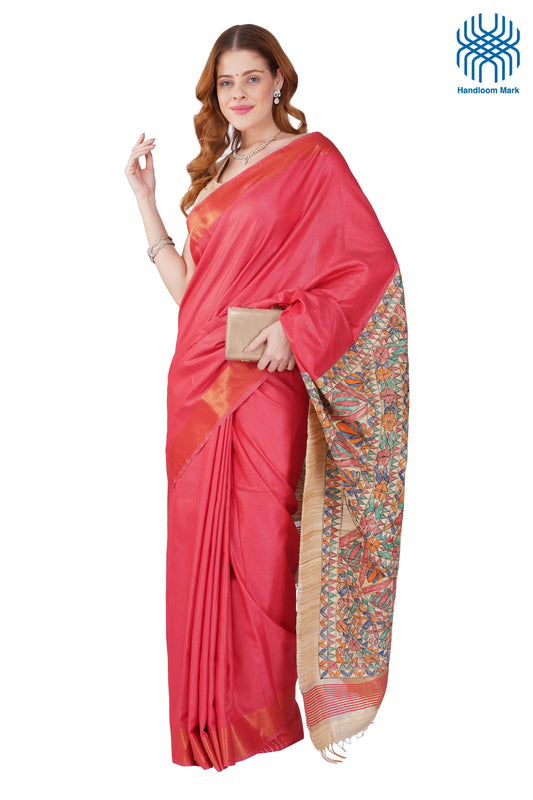 Madhubani Hand Painted Tasar Silk Cotton Saree with Zari Border & Blouse Piece (90cm) | Handloom Certified | Traditional, Festive & Office Wear Saree