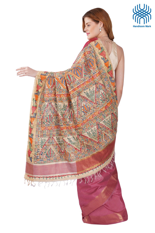 Madhubani Hand Painted Tasar Silk Cotton Saree with Zari Border & Blouse Piece (90cm) | Handloom Certified | Traditional, Festive & Office Wear Saree
