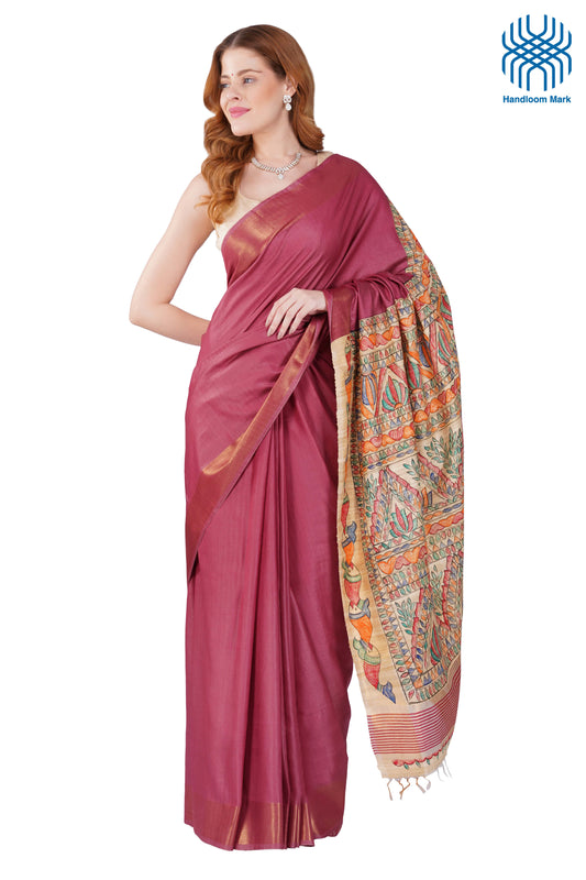 Madhubani Hand Painted Tasar Silk Cotton Saree with Zari Border & Blouse Piece (90cm) | Handloom Certified | Traditional, Festive & Office Wear Saree