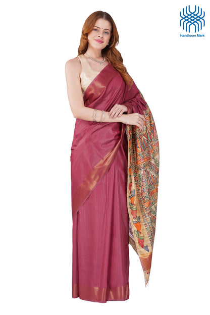 Madhubani Hand Painted Tasar Silk Cotton Saree with Zari Border & Blouse Piece (90cm) | Handloom Certified | Traditional, Festive & Office Wear Saree
