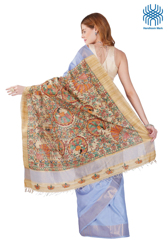 Madhubani Hand Painted Tasar Silk Cotton Saree with Zari Border & Blouse Piece (90cm) | Handloom Certified | Traditional, Festive & Office Wear Saree