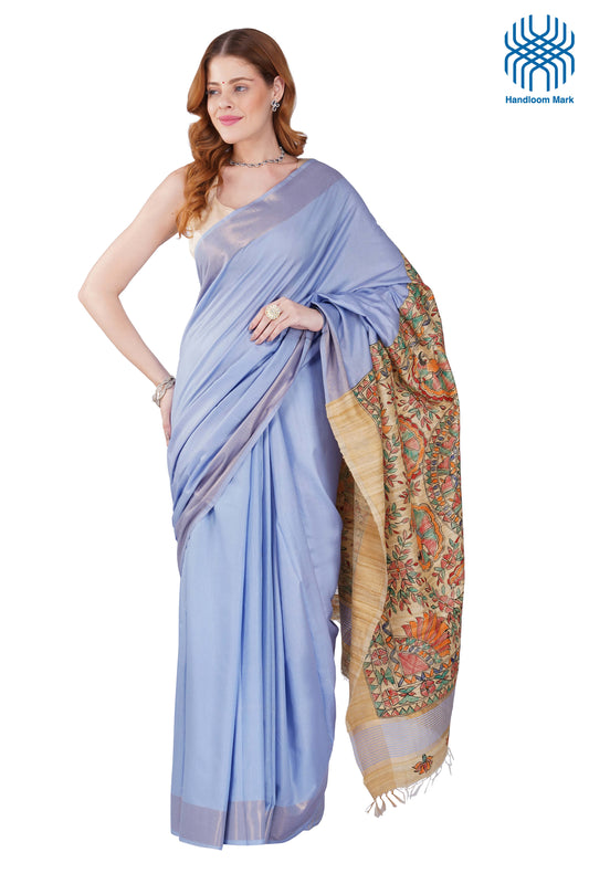 Madhubani Hand Painted Tasar Silk Cotton Saree with Zari Border & Blouse Piece (90cm) | Handloom Certified | Traditional, Festive & Office Wear Saree