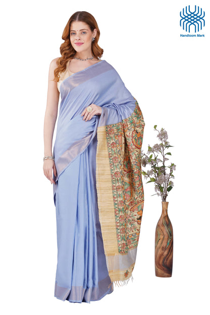 Madhubani Hand Painted Tasar Silk Cotton Saree with Zari Border & Blouse Piece (90cm) | Handloom Certified | Traditional, Festive & Office Wear Saree