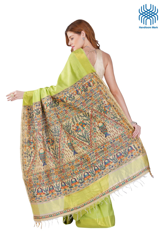 Madhubani Hand Painted Tasar Silk Cotton Saree with Zari Border & Blouse Piece (90cm) | Handloom Certified | Traditional, Festive & Office Wear Saree