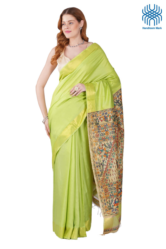 Madhubani Hand Painted Tasar Silk Cotton Saree with Zari Border & Blouse Piece (90cm) | Handloom Certified | Traditional, Festive & Office Wear Saree