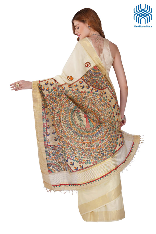 Madhubani Hand Painted Tasar Silk Cotton Saree with Zari Border & Blouse Piece (90cm) | Handloom Certified | Traditional, Festive & Office Wear Saree