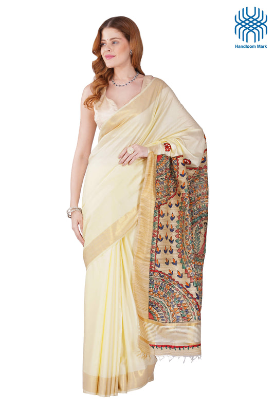 Madhubani Hand Painted Tasar Silk Cotton Saree with Zari Border & Blouse Piece (90cm) | Handloom Certified | Traditional, Festive & Office Wear Saree