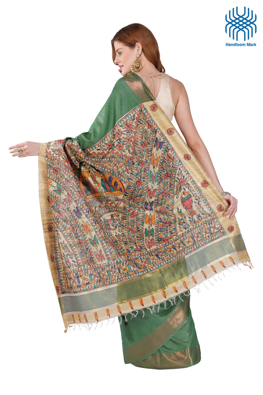 Madhubani Hand Painted Tasar Silk Cotton Saree with Zari Border & Blouse Piece (90cm) | Handloom Certified | Traditional, Festive & Office Wear Saree