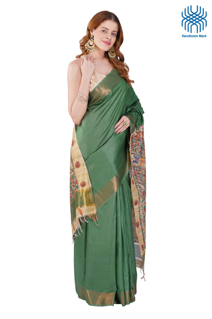 Madhubani Hand Painted Tasar Silk Cotton Saree with Zari Border & Blouse Piece (90cm) | Handloom Certified | Traditional, Festive & Office Wear Saree